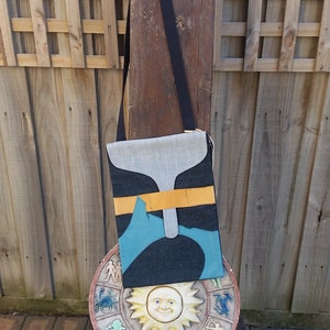 Denim upcycled crossbody bag / sling bag / handbag with Blue and Yellow Leather Trim
