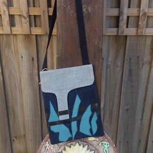 Denim upcycled crossbody bag / sling bag / handbag with Blue and Black Leather Trim