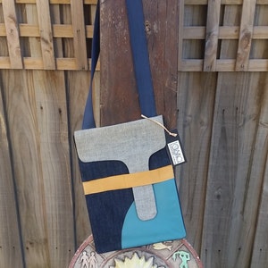 Denim upcycled crossbody bag / sling bag / handbag with Blue and Yellow Leather Trim