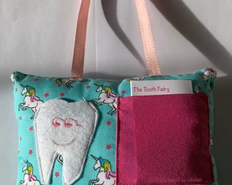 Tooth Fairy Pillow/Unicorn/Green and Cerise Pink
