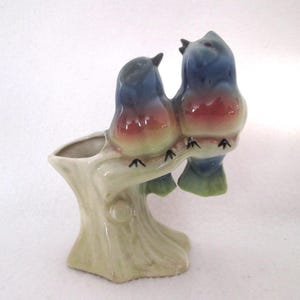 Vintage Colorful Lovebirds on Branch Bud Vase MCM Ceramic Pottery