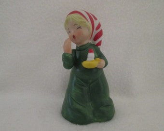 Vintage Enesco Christmas Child Bell Red and White Nightcap Green Pajamas and Candle Made in Taiwan