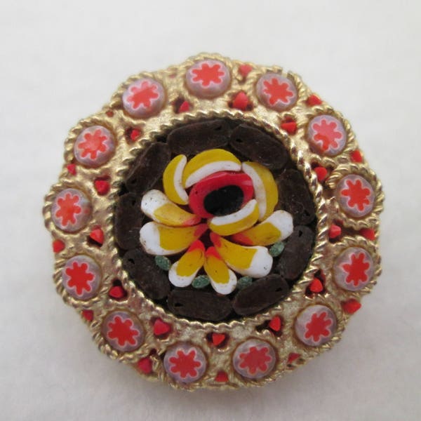 Vintage Mosaic Pin Brooch Fall Jewelry Flower with Yellows Reds Blacks and Greens Ornate Goldtone Metal Trim
