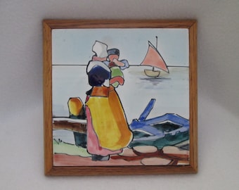 Vintage Holland Dutch Seaside Ceramic Glazed Trivet Oak Frame with Feet