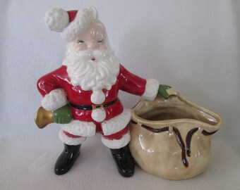 Vintage Santa Claus Figurine with Gold Bell and Toy Sack Hobby Ceramic Large Santa Claus Decor Hand Finished