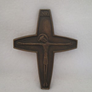 Vintage Bronze Crucifix Christianity Cross Jesus Christ Embossed INRE Inscription Religious Cross Wall Hanging