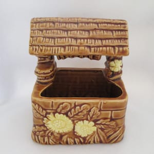 Vintage Norleans Wishing Well Ceramic Planter Brown with Yellow Flowers