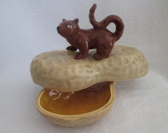 Vintage Peanut Shell Nut Dish with Squirrel Figurine