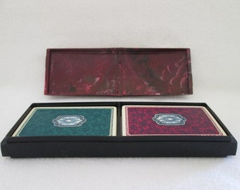 Vintage Cruver Plastic Playing Cards in Art Deco Style Celluloid Plastic Marbleized Burgundy Top and Black Bottom Case Made in the USA