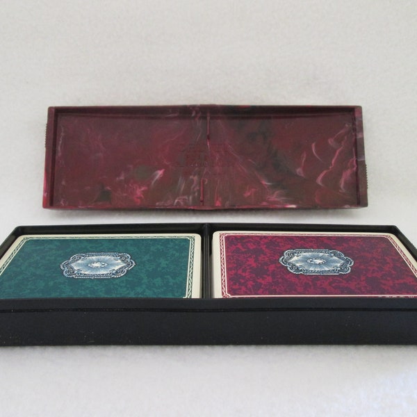 Vintage Cruver Plastic Playing Cards in Art Deco Style Celluloid Plastic Marbleized Burgundy Top and Black Bottom Case Made in the USA