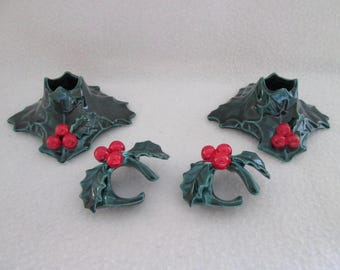 Vintage Lefton Christmas Green Holly Candle Holders with Candle Huggers Made in Japan 1360
