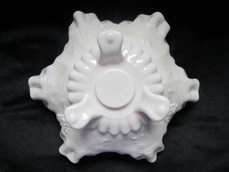 Vintage Ivory Milk Glass Fluted Ruffled Edge Decaled Dogwood Flowers Footed Bowl