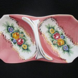 Vintage PY Japan Pink and Floral Double Dish with Handle Gold Trim Dresser Tray