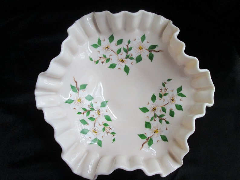 Vintage Ivory Milk Glass Fluted Ruffled Edge Decaled Dogwood Flowers Footed Bowl