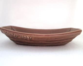 Vintage Shrimp Boat Snack Bowl, Brown Glazed Ceramic Pottery – Textured Wood Design