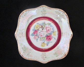 Vintage Lusterware Floral Dish Made in Japan Hand Painted Gold Trimmed Ceramic Porcelain