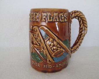 Vintage Six Flags Mug: Log Water Ride, Rope Handle, Made in Japan