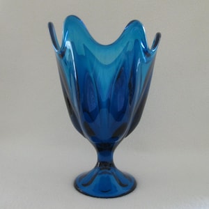 Vintage Viking Glass Blue 6 Petal Compote Swung Pedestal Vase Blue Bluenique