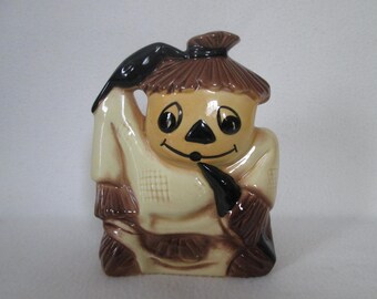 Vintage Scarecrow and Black Crow Pumpkin Head Planter Halloween Fall Planter