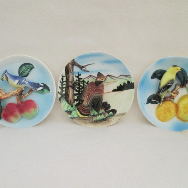 Vintage Napco Bird Plates 3 Dimensional Blue Jay Gold Finch and Ruffed Grouse B2212 and B2603
