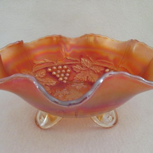 Vintage Grape and Cable Footed Bowl Marigold Carnival Glass Spatula Footed Bowl