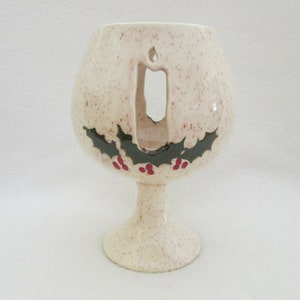 Vintage Christmas Candle Cutout Candleholder Holly Berries Holly Leaves Brown Speckled Pedestal Christmas Decor