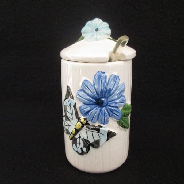 Vintage Butterfly and Flowers Sugar Bowl with Lid and Spoon Blue Flowers and Greenery Blue with Black Butterfly Made in Japan