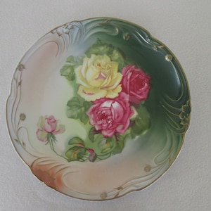 Vintage PM Bavaria Decorated Large Plate Porcelain Moschendorf Bavaria Pink and Yellow Roses Gold Accents