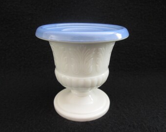 Vintage Milk Glass Pedestal Urn, Blue Interior, Acanthus Leaf Decor