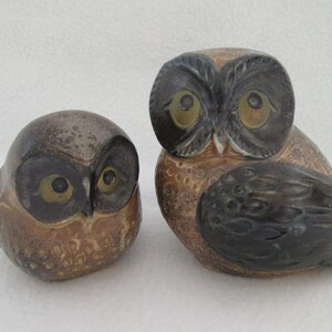 May include: Two ceramic owl figurines, one larger than the other. The larger owl is brown with black markings and has large, round eyes. The smaller owl is brown with black markings and has smaller, round eyes.