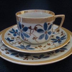 Vintage Germany Celebrate Lusterware China Blue Flowers with Browns Cup Saucer and Small Plate Germany Registered