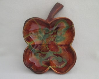 Vintage Dryden Art Pottery Four Leaf Clover Dish Bowl Ozark Frontier Browns and Greens Drip Glazed