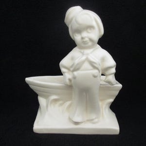 Vintage Sailor Boy and Boat White Pottery Planter Boat Planter Sailor Decor