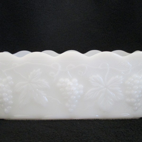 Vintage Anchor Hocking Fire King Grape and Leaf Milk Glass Rectangle Planter Scalloped Edge