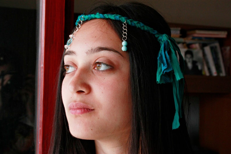 Headband Hippie With Beads Green Blue Gypsy 70 S Etsy
