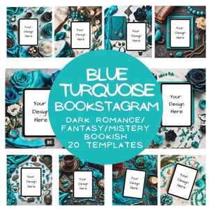 20 zdjęć Bookstagram w kolorze niebieskim i turkusowym, szablon Dark romance, płaski ebook na iPada w mediach społecznościowych, post Bookish na Instagramie, autor i bloger