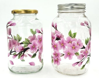 Mason Jar with Pink Cherry Blossoms Glass Jars Hand Painted