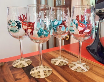 Hand Painted Winter Forest Creatures Wine Glasses Set of 4