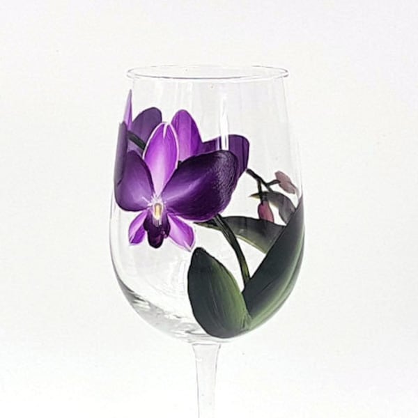 Purple Dendrobium Orchid Hand Painted Wine Glass Tropical Hawaiian Floral Stemware
