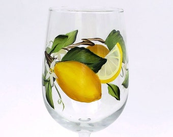 Hand Painted Lemon Wine Glass Citrus Stemware Lemon Slice