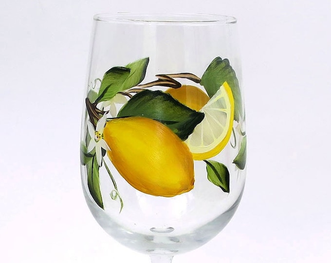 Hand Painted Lemon Wine Glass Citrus Stemware Lemon Slice Etsy