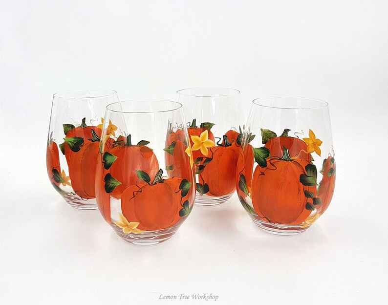 Hand Painted Pumpkin Wine Glasses Set of 4 Etsy