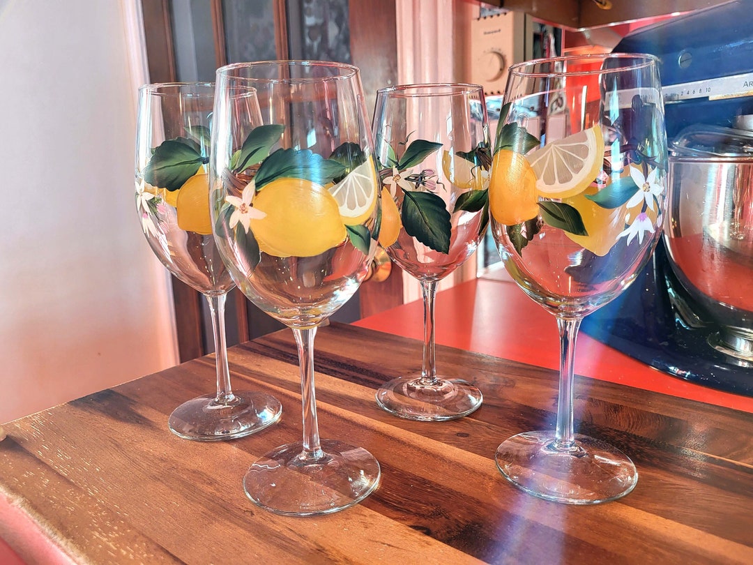 Hand Painted Lemon Wine Glasses Set of 4 Meyer Lemon Citrus Etsy