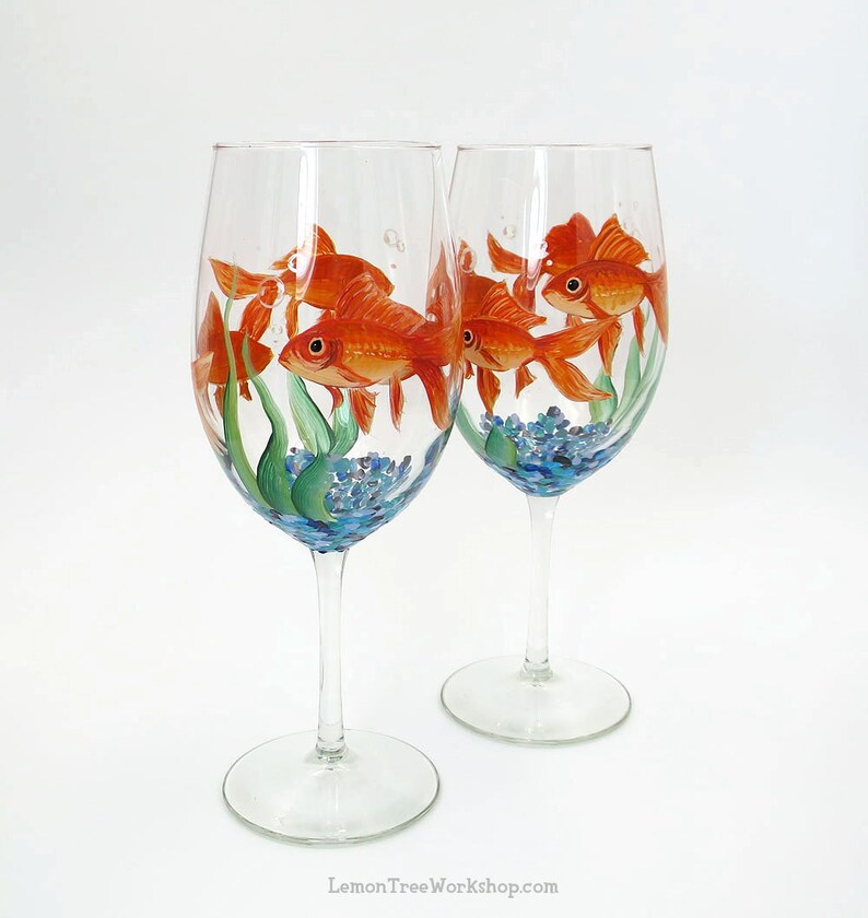 Hand Painted Goldfish Wine Glasses Set of 2 Gold Fish Aquarium Etsy