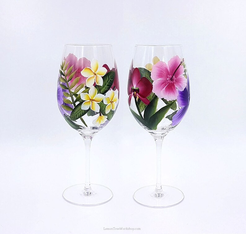 Hawaiian Tropical Hand Painted Wine Glasses Set of 2 Island Etsy