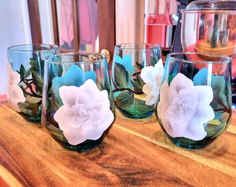 Hand Painted Gardenias Stemless Wine Glasses Set of 4