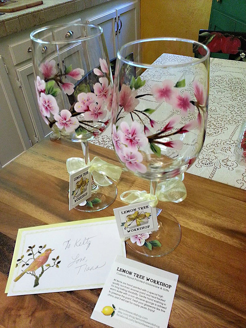 Hand Painted Cherry Blossom Wine Glass Cherry Blossoms Etsy