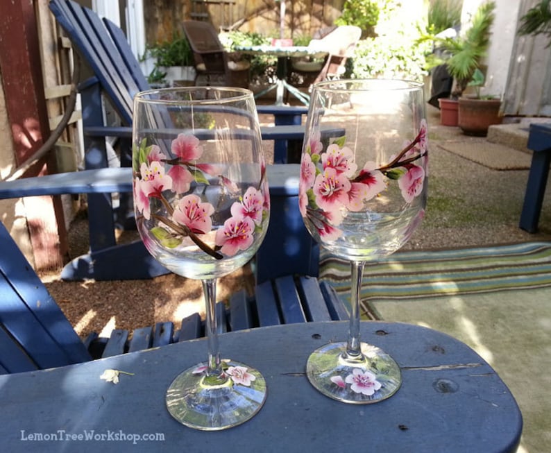 Hand Painted Cherry Blossom Wine Glass Cherry Blossoms Etsy