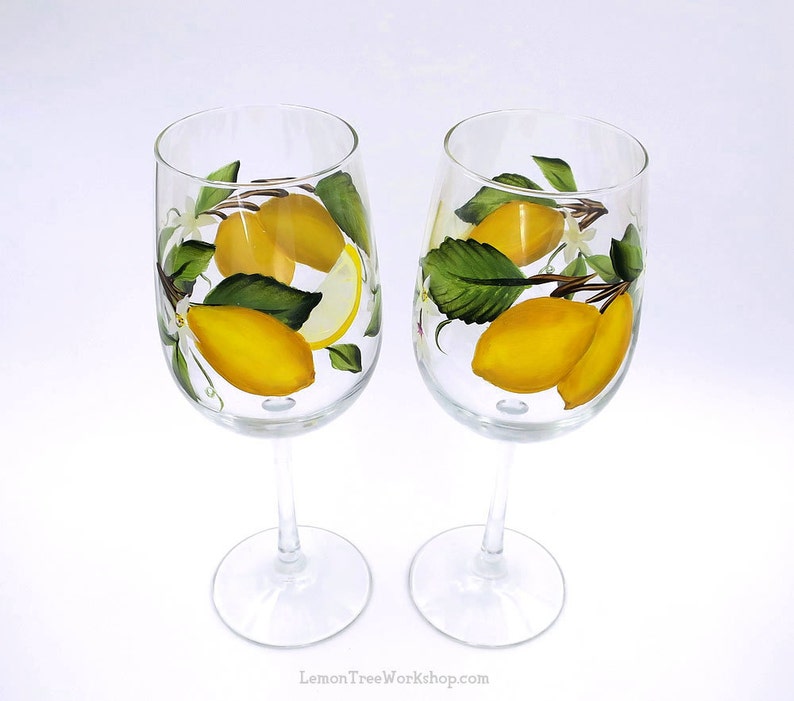 Hand Painted Lemon Wine Glass Citrus Stemware Lemon Slice Etsy