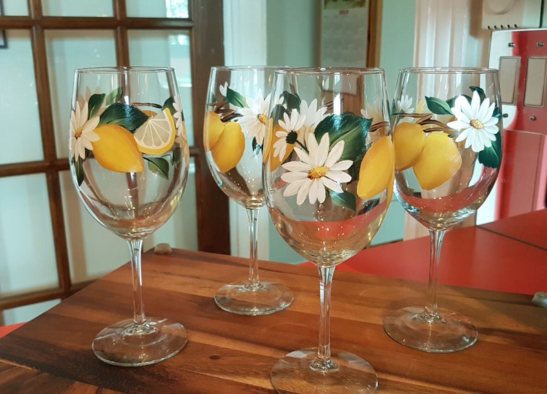 Hand Painted Lemon Wine Glasses Set of 2 bridesmaid gift Etsy
